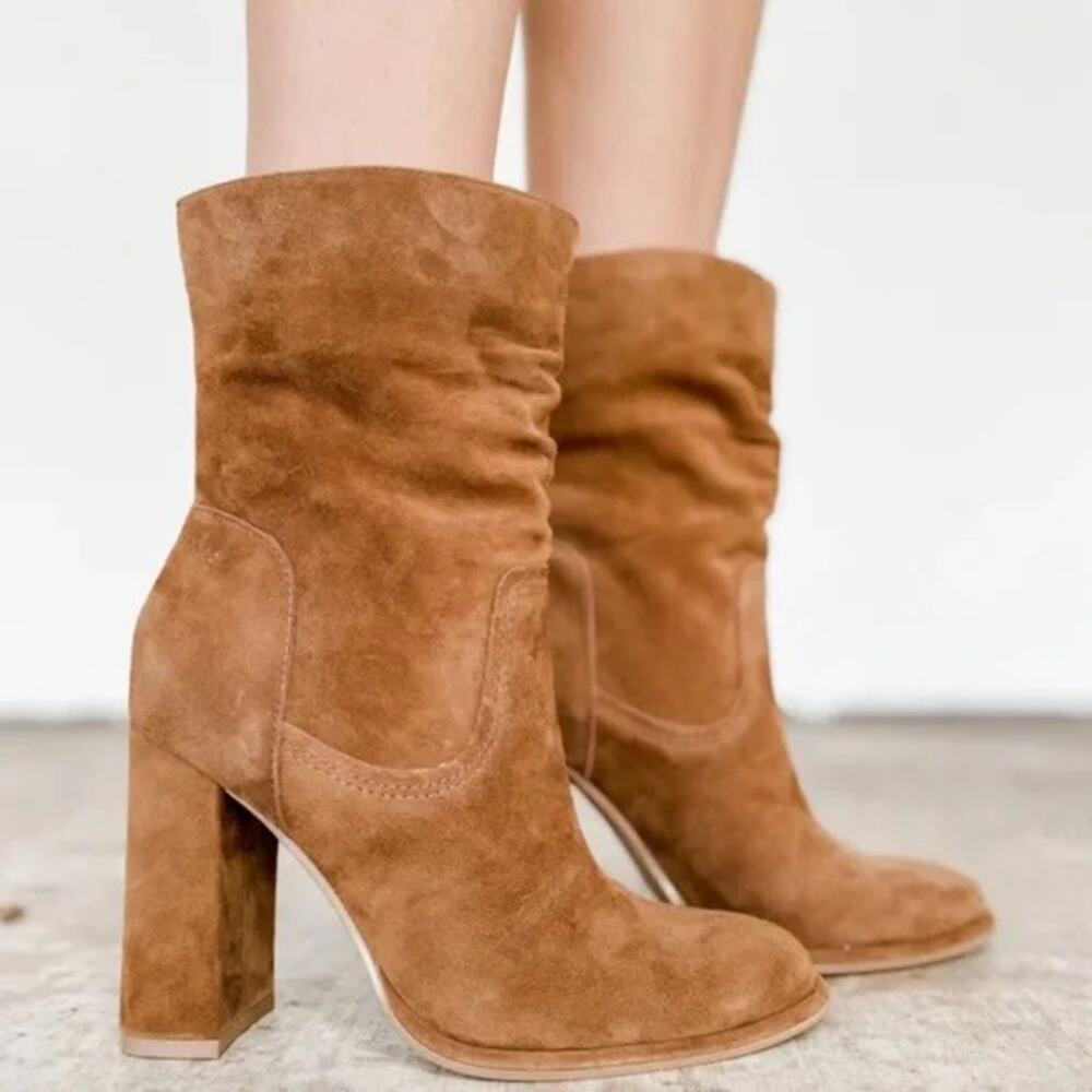 Steve Madden Vector Cognac Brown Suede Leather Pull On Mid Calf Chunky Boots